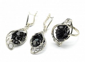 Кольцо и серьги меланит (черный гранат), размер-18