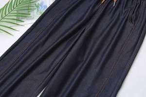 Джинсы широкие эластичные с контрастной строчкой, пояс на резинке, синий