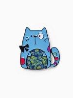 Брошь мультяшная «Кот» с бантом, голубая в чёрном металле