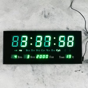 Часы настенные электронные с термометром, будильником и календарём, 15 х 36 см,зеленые цифры