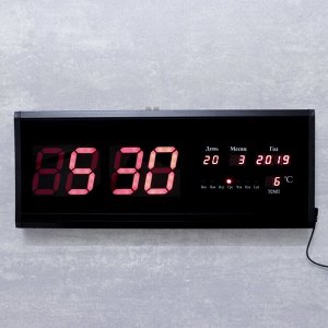 Часы настенные электронные. с термометром и календарём. красные цифры. 48х19х3 см