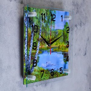 Часы настенные. серия: Природа. "Озеро". стекло. 25х25  см. микс