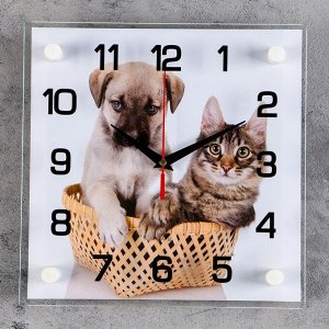 Часы-картина настенные, серия: Животный мир, "Щенок с котенком", плавный ход, 25 х 25 см