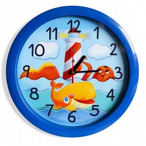 Часы настенные "Маяк и морские обитатели", синий обод, 28х28 см, микс