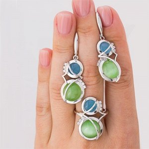 Серебряное кольцо с камнями "кошачий глаз" голубого и зеленого цвета - 608