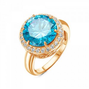 Позолоченное кольцо с фианитом голубого цвета - 1181 - п
