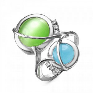 Серебряное кольцо с камнями "кошачий глаз" голубого и зеленого цвета - 608