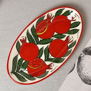 Селёдочница узбекская Риштанская Керамика «Гранаты», 29.5 см, красная, белая