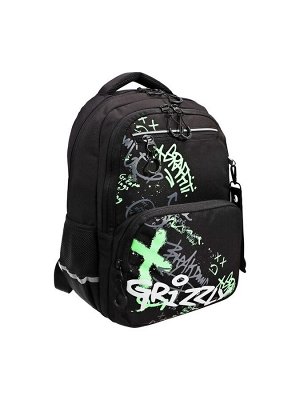 Рюкзак школьный, 39x28x20 см, Grizzly, эргономичная спинка, отделение для ноутбука, чёрный, RB-554-7_2