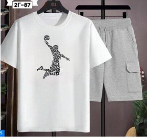 Костюм трикотажный: футболка + шорты, серо-белый