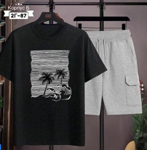 Костюм трикотажный: футболка + шорты, черно-серый