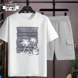 Костюм трикотажный: футболка + шорты, бело-серый