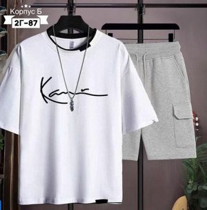 Костюм трикотажный: футболка + шорты, серо-белый