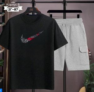 Костюм трикотажный: футболка + шорты, черно-серый