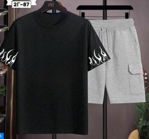 Костюм трикотажный: футболка + шорты, черно-серый