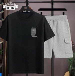 Костюм трикотажный: футболка + шорты, черно-серый