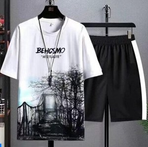 Костюм трикотажный: футболка с принтом + шорты с лампасами, черно-белый