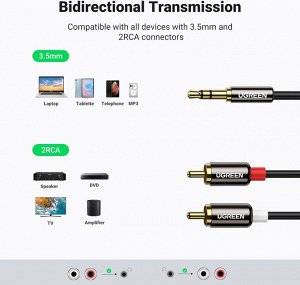 Кабель переходник аудио-видео 3.5 мм.- 2RCA, 3,00 м. Aux (AV116) Ugreen, черный