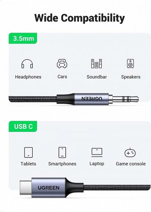 Аудио - кабель USB Type-C - jack 3,5 мм., Aux 1 м., (алюминиевый корпус) Ugreen (CM450)