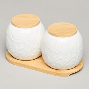 Набор стеклянных банок "Meadow" с деревянной крышкой и подставкой, 2 шт, 19,5x9,5 см, 400 мл, 1 шт.