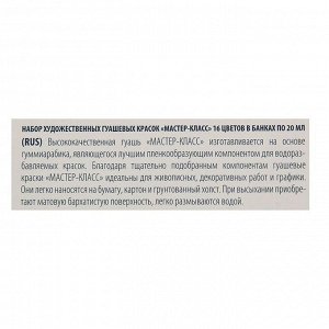 Гуашь художественная в банке 20 мл, ЗХК "Мастер класс", набор, 16 цветов (1741092)