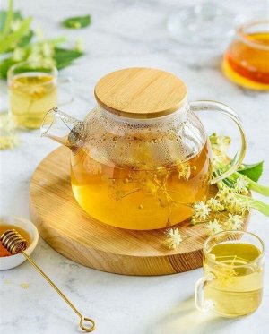Китайский производитель Стеклянный чайник заварочный (заварник) с бамбуковой крышкой и ситечком в носике 800 мл