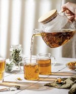 Стеклянный чайник заварочный (заварник) с бамбуковой крышкой и ситечком в носике 1000 мл