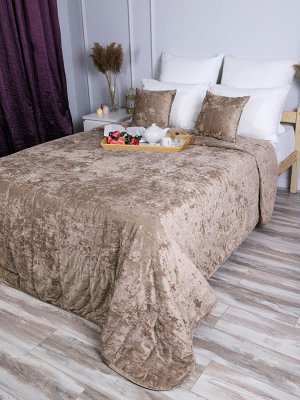 Покрывало стеганое на кровать из Велюра 240*260 с подушками 35*35 - 2 шт Темный бриллиант (бежевый)