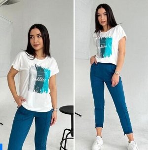 Футболка с принтом + брюки прямые, пояс на резинке, сине-зеленый