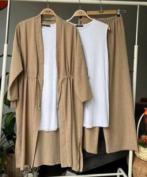 Кардиган удлиненный, пояс на кулиске + топ + широкие брюки, хаки