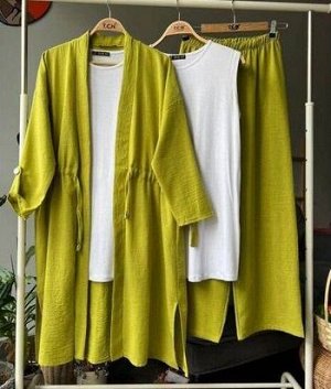 Кардиган удлиненный, пояс на кулиске + топ + широкие брюки, оливковый