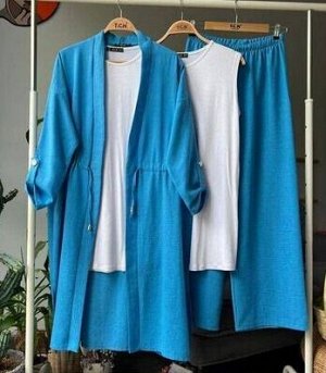 Кардиган удлиненный, пояс на кулиске + топ + широкие брюки, голубой