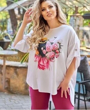 Костюм летний: футболка разной длины с принтом + капри, фуксия