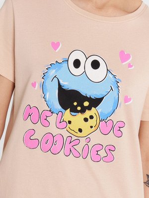 Пижама женская бежевая с принтом "monsters cookies"