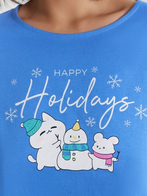 Пижама женская голубая с принтом и надписью "Happy Holidays"
