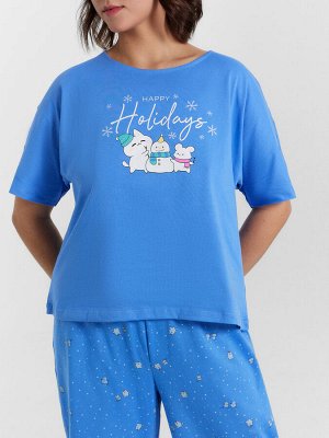 Пижама женская голубая с принтом и надписью "Happy Holidays"