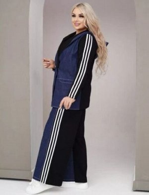 Комбинированный джинсовый жакет с капюшоном + комбинированные широкие джинсы с лампасами, черно-синий