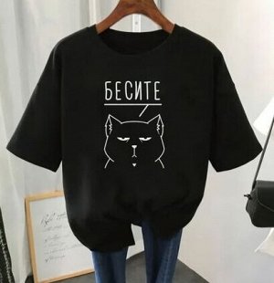 Футболка трикотажная с круглым вырезом и принтом, черный
