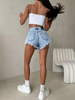 Шорты джинсовые эластичные с рваным краем с высокой посадкой, голубой