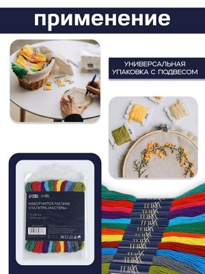 Нитки мулине TEIRA, 8±1 м, набор 12 шт., хлопок, разноцветные