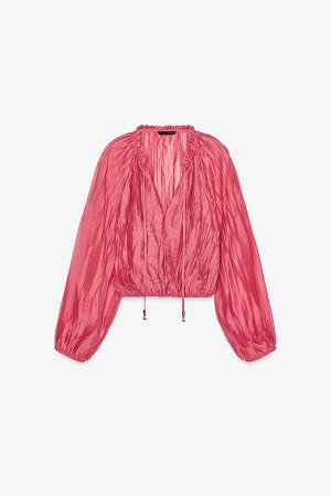 топ ЦВЕТ как на первом фото Укороченный топ с жатым кроем (KNITTERLOOK-CROP-TOP) Верх из жатой ткани. Круглый и V-образный вырез с кулиской и декоративными металлическими бусинами. Длинные рукава с эл