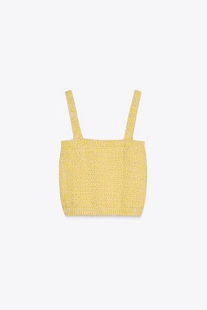 топ ЦВЕТ как на первом фото КОРОТКИЙ ВЯЗАНЫЙ ТОП (KURZES TOP AUS STRICK) Короткий топ с прямым вырезом и широкими бретелями. Ребристые манжеты. СОСТАВ МАТЕРИАЛА, ИНСТРУКЦИИ ПО УХОДУ И ПРОИСХОЖДЕНИЕ СО