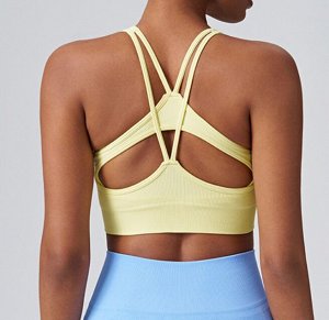 COSMOСOLLECTION_WEAR Спортивные фитнес-бюстгальтер с фиксированной чашечкой, с перекрестными вставками на спине, синий