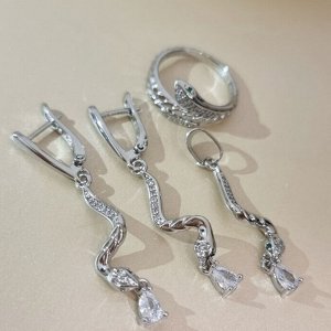 Комплект ювелирной бижутерии в форме змеи серьги, кулон и кольцо 17 р, покрытие: посеребрение, вставка: фианиты, цвет: прозрачный, арт.314.238-17