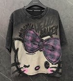Футболка хлопковая с круглым вырезом и принтом с пайетками, черный потертый