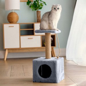 Домик для животных, с когтеточкой и полкой, джут, 32 х 32 х 64 см, серый