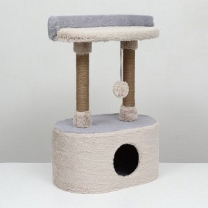 Домик для кошек с когтеточкой, с овальной полкой, 54 х 34 х 80 см, пушистый мех, джут, серый