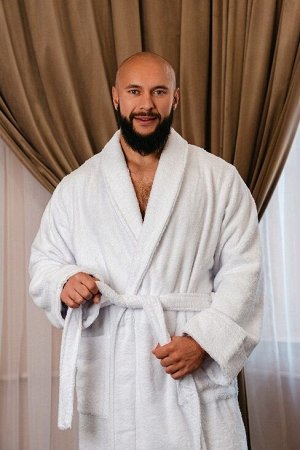Мужской махровый халат без капюшона / белый