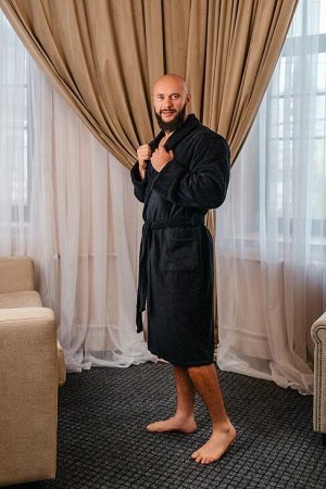 Мужской махровый халат без капюшона / черный