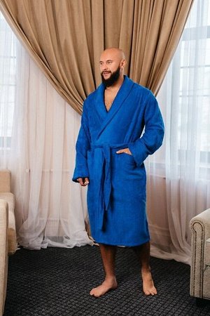 Мужской махровый халат без капюшона / васильковый